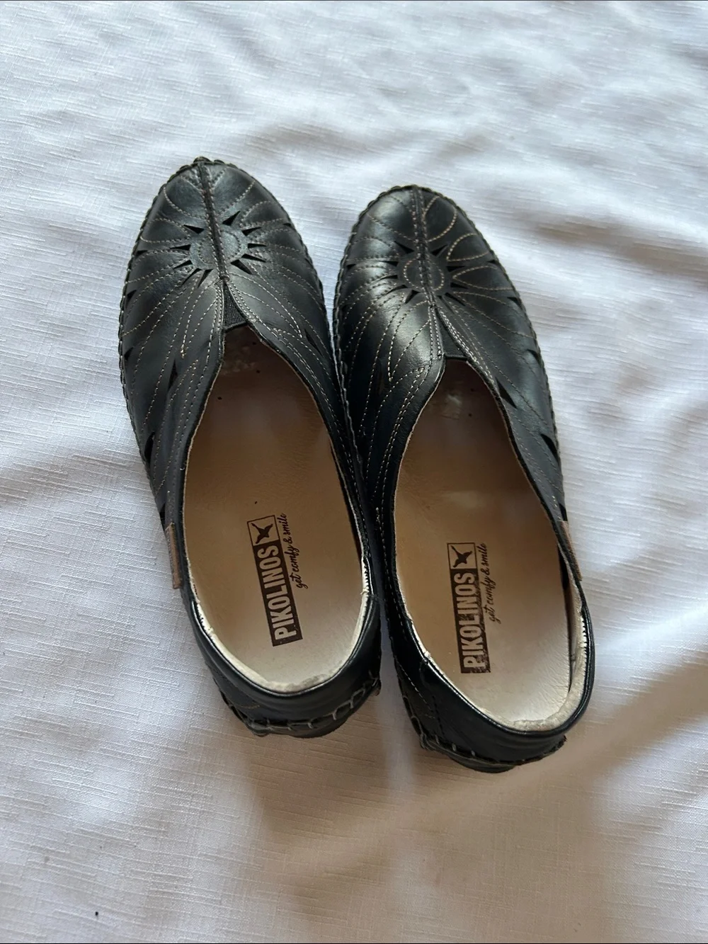 PIKOLINOS Black Leather Slip-On Loafers with Sunburst Stitching